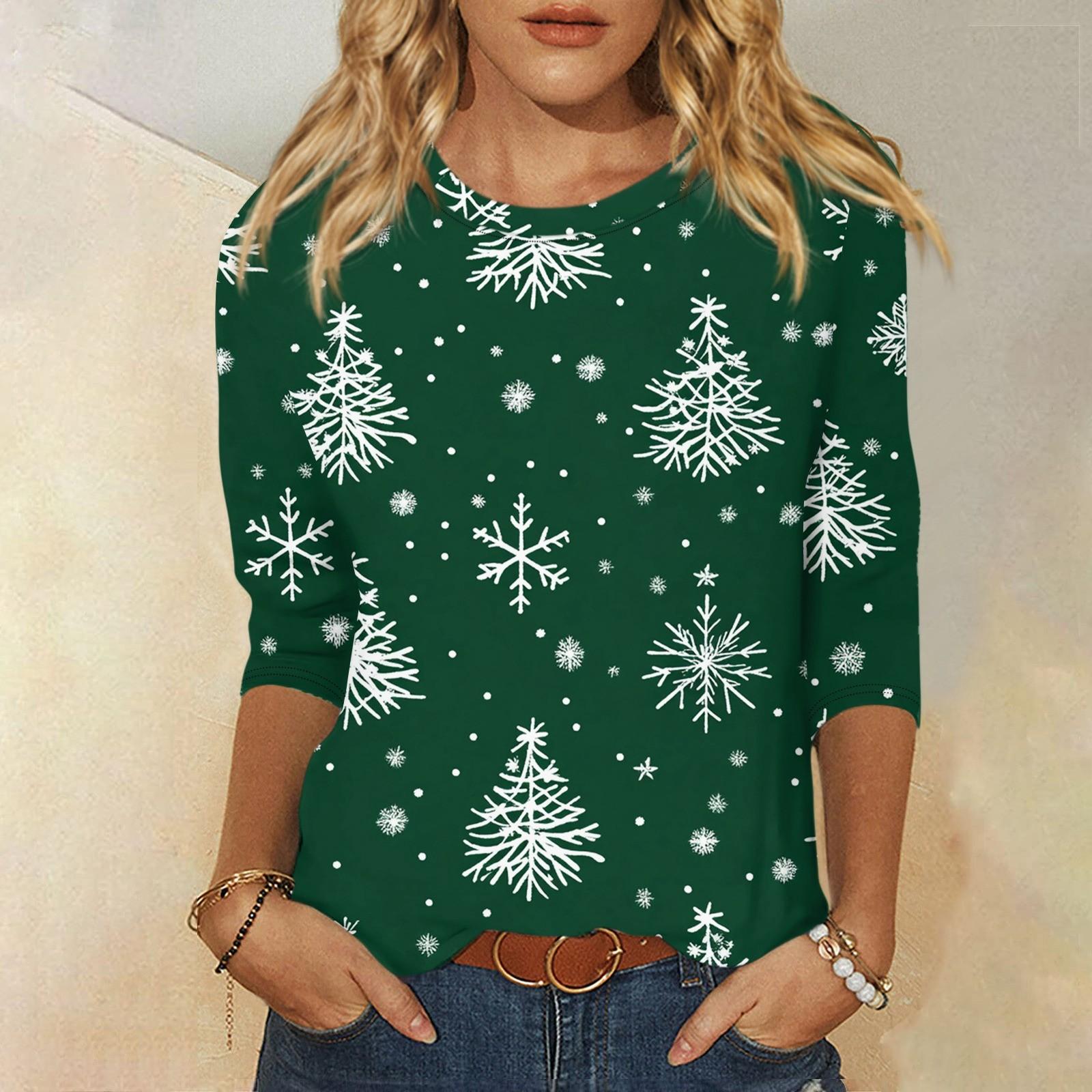 

Жіночі сорочки з рукавами 3/4 Милі футболки з різдвяним принтом Блузки Повсякденні топи великих розмірів Пуловери XXL зелений