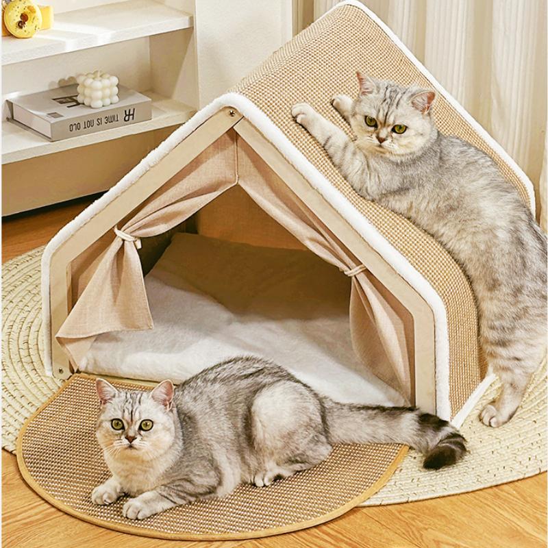 All-Season Cat House with Sisal Scratching Pad Semi-Enclosed Shell Pet Tent Non-Shedding Fleece Sleeping Bag Spacious Cat Villa