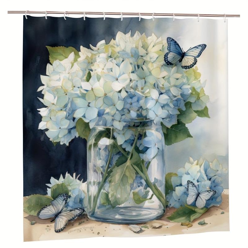 1pc White Hydrangeas Jar Print Shower Curtain, Durable Polyester, Easy Clean, for Bathroom Decor