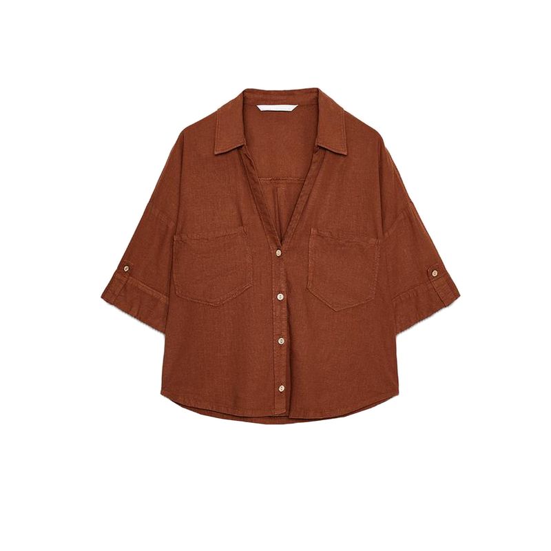 Spring New Women's Clothing Simple Stickers Pocket Decoration Linen Blended V-neck T-shirt Shory Style Shirt Tops 2187572