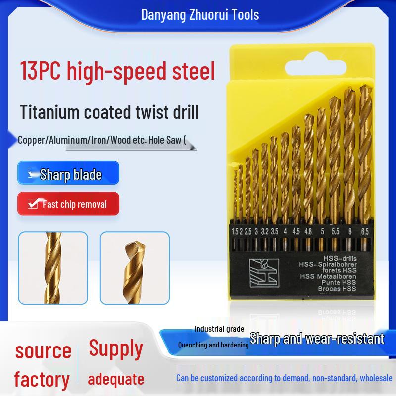 

13-Piece Titanium-Plated Steel Twist Drill Set with Straight Shank High-Speed Steel 13pc Titanium-Plated Twist Drill
