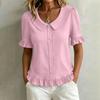 Women Casual Short Sleeve Button Front Shirt Linen Cotton Blend Top with Ruffle Hem and Collar Relaxed Fit Blouse for Daily Wear