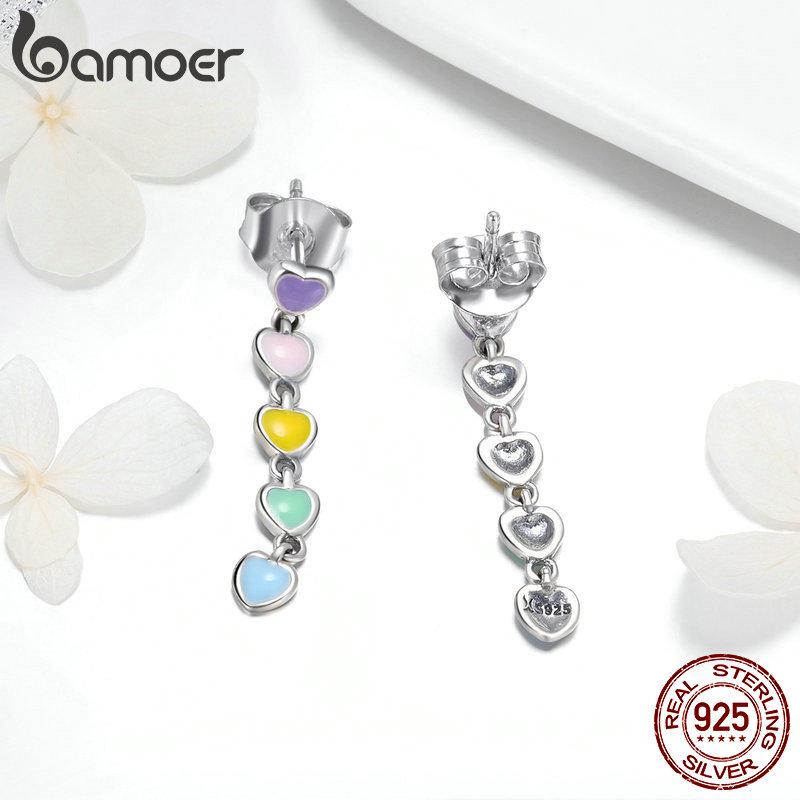 Cercei romantici cu smalț cu inimă curcubeu din argint 925 autentici BAMOER