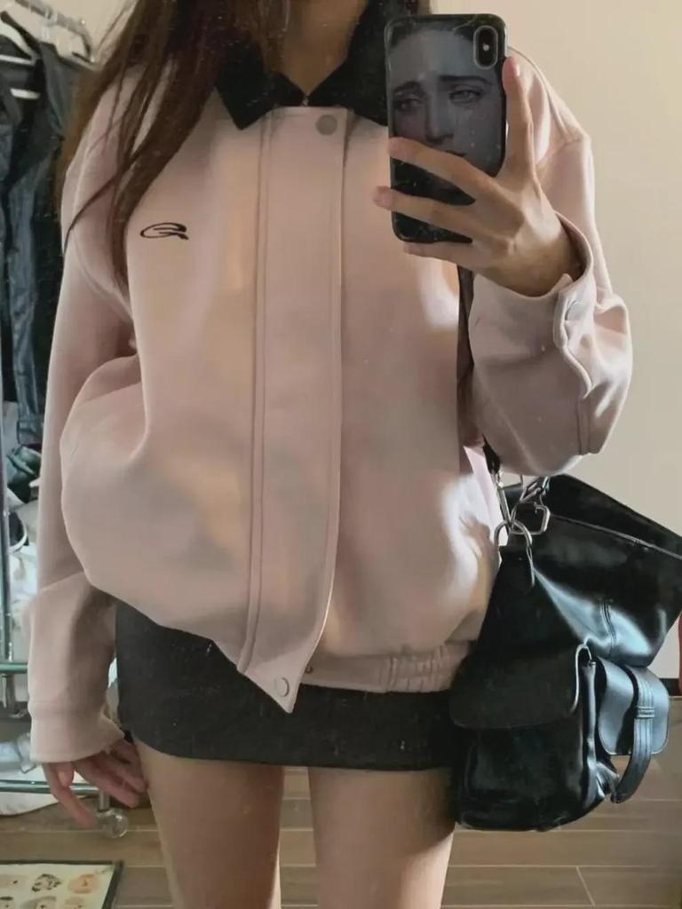 Hong Kong Style Pink Lapel Workwear Jacket for Women - Retro Spring/Autumn Design