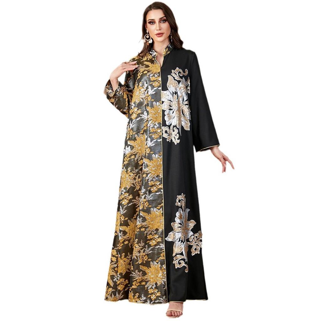 Middle East Muslim Women's Color Block V-Neck Jacquard Dress