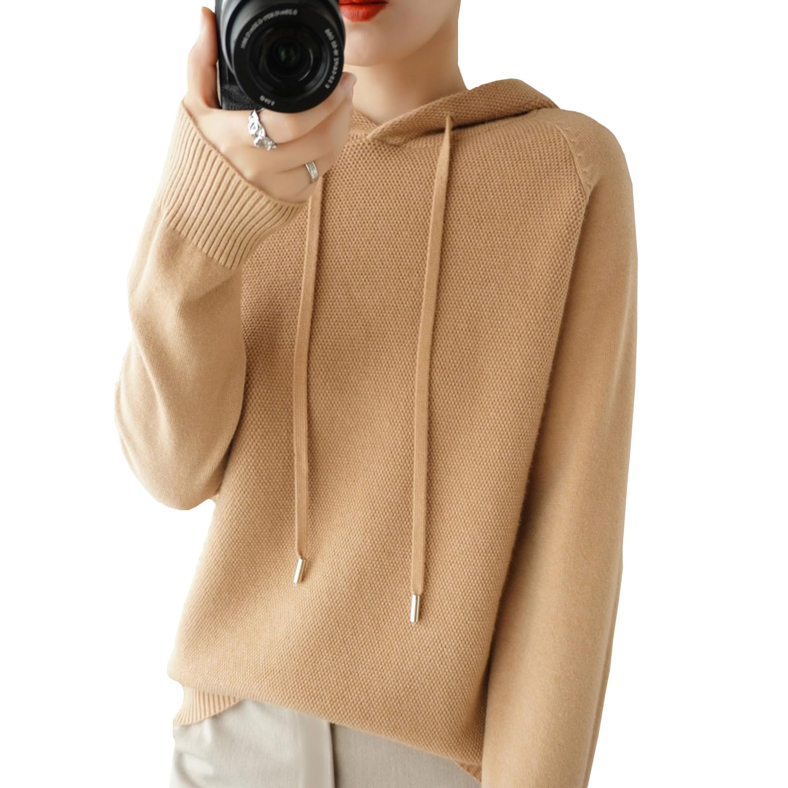 

Tuten Knit Hoodie Long Solid Perfect for and Winter Camel Women s Sweater, Sleeve, Soft, Warm, Color, Spring, Autumn, (Golden - 2XL)