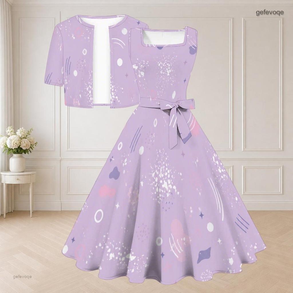 Women Plus Size Two Piece Outfit Halloween Print Sleeveless Square Neck Tie Waist Flared Dress Short Sleeve Cropped Shrug