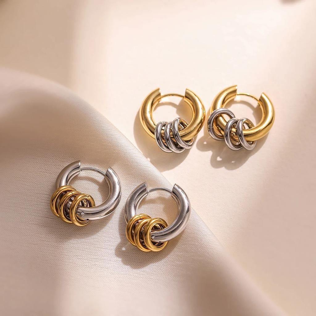 Hot Sale Non-Fading Jewelry Stainless Steel Triple Hoop Earrings for Women Geometric Round Circle Waterproof Statement Jewelry
