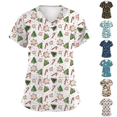 Women's Fashion Short Sleeve Christmas Print V-Neck Pocket Workwear Tops