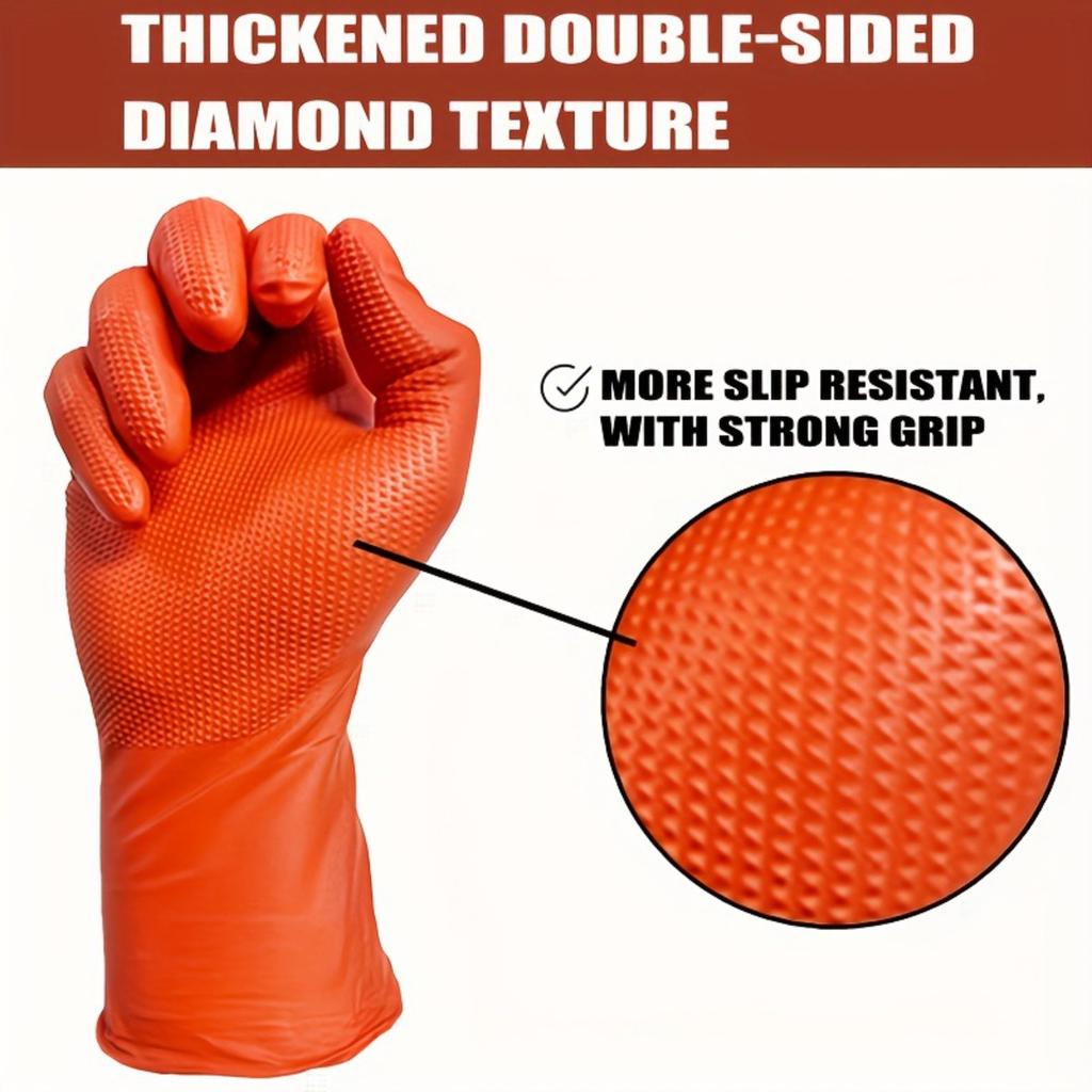 100-1pcs Heavy Duty Orange Nitrile Disposable Gloves with Diamond Textured Grip for Industrial and Mechanic Safety