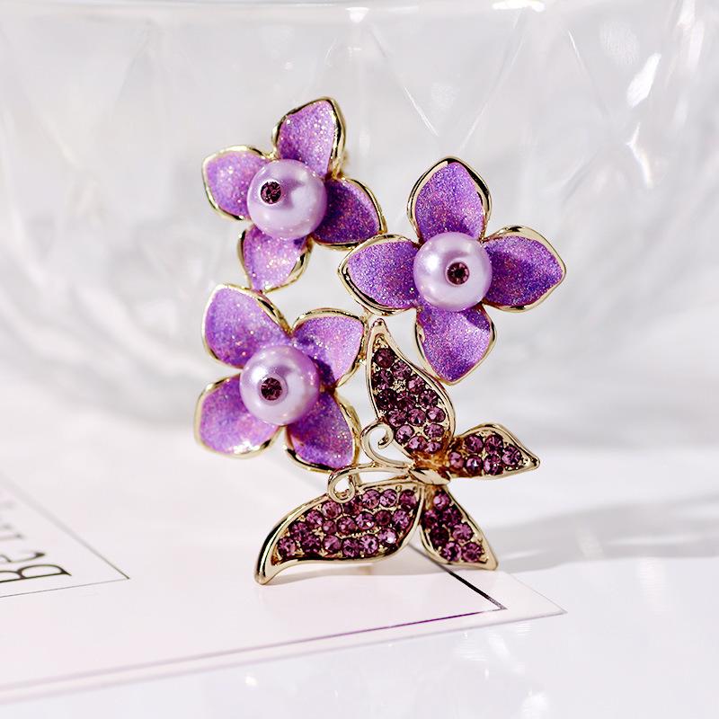 Rhinestone Enamel Butterfly & Four-Leaf Clover Brooch Corsage Pin for Outerwear