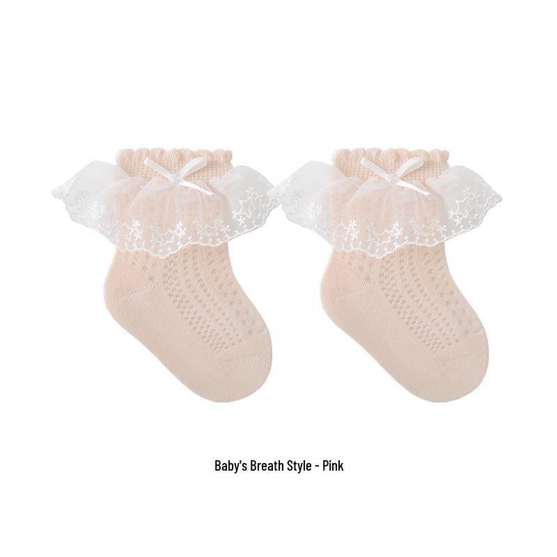 2024 Summer Girls' Thin Mesh Seamless Lace Bow Mid-Calf Socks