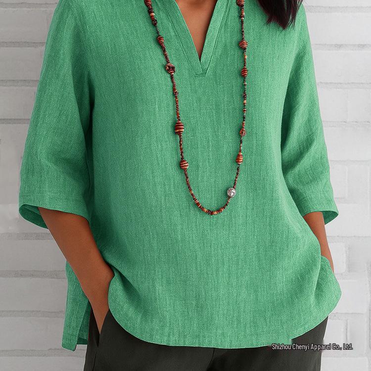 2026 European & American Women's V-Neck, 3/4 Sleeve Cotton Linen Loose Casual Top