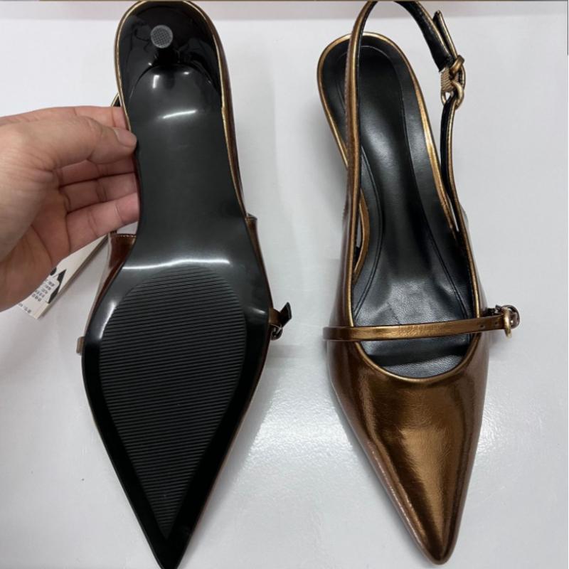 Fashion 2025 Elegant Gold Office Lady Sandals Pointed Toe Luxury Designer Big Size Slingbacks High Heels Party Dress Shoes for Women