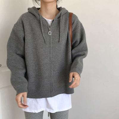 Cardigan Maglione Lavorato a Maglia con Cappuccio e Cerniera da Donna Tinta Unita Ampio Cappotto Top