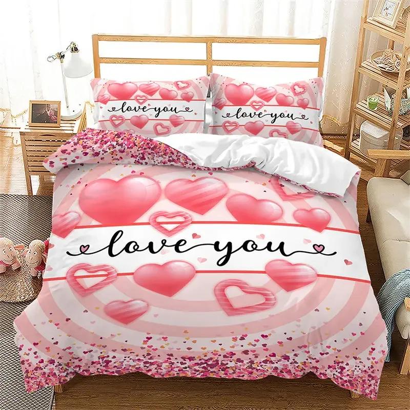 Love Heart Soft Duvet Cover Pink Romantic Beding Set Microfiber Warm Comforter Cover For Young Girls Ten Couple Valentine's Day Weding Decor