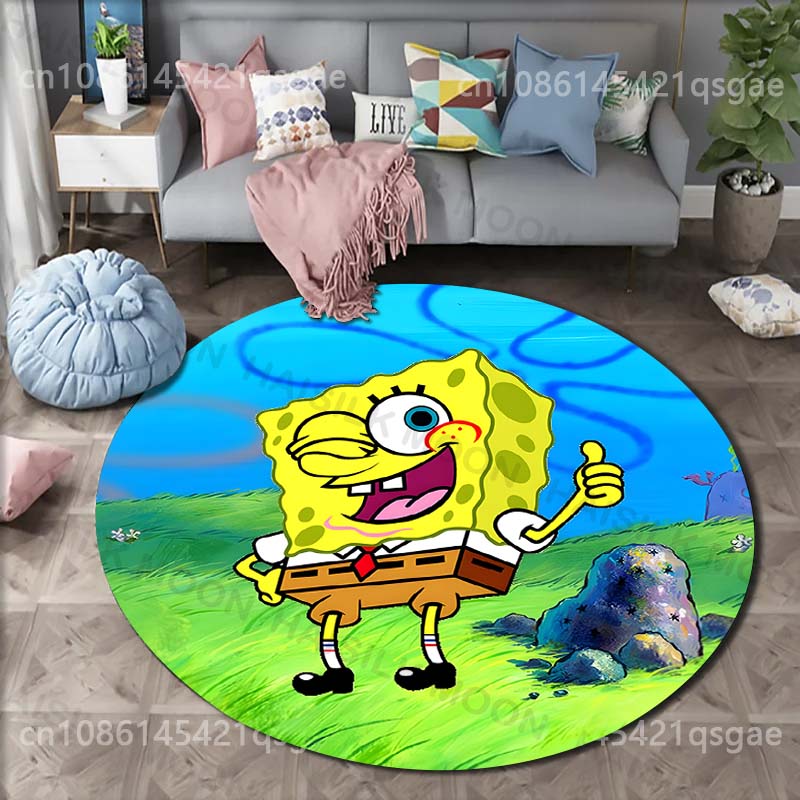 Cartoon SpongeBob Schwammkopf Druck Runder Teppich für Wohnzimmer Schlafzimmer Tisch und Stuhl Sofa Heimdekoration Bereichsteppich Luxuriöses Geschenk
