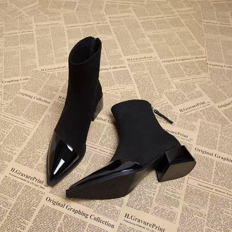 Skinny Boots Autumn New Pointed Toe Splice Zipper Soft Sole Anti-slip Wear-resistant Block Heel Women's Shoes