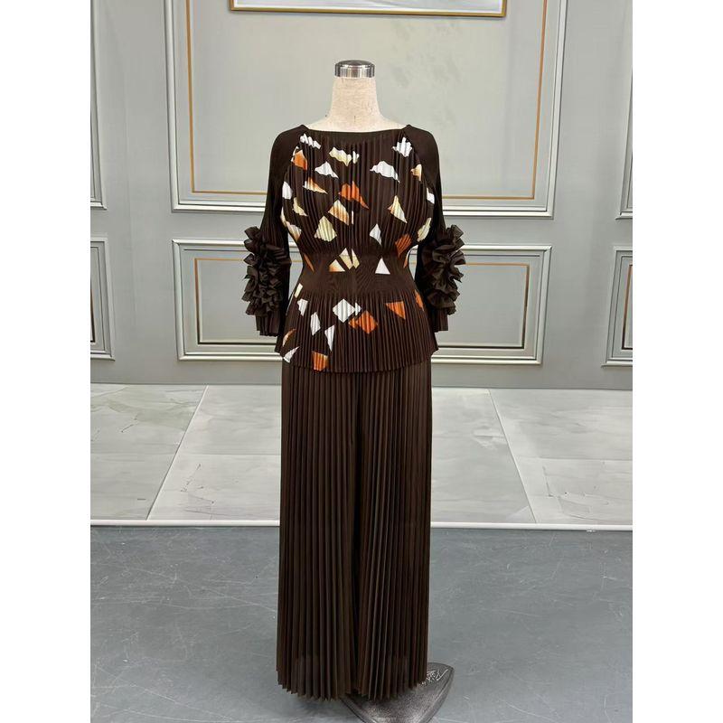 

Pleated Two-piece Set Sleeves Large Flower Waist off-Shoulder Top Wide Leg Pleated Long Culottes Women s Suit Suit Coffee All yards
