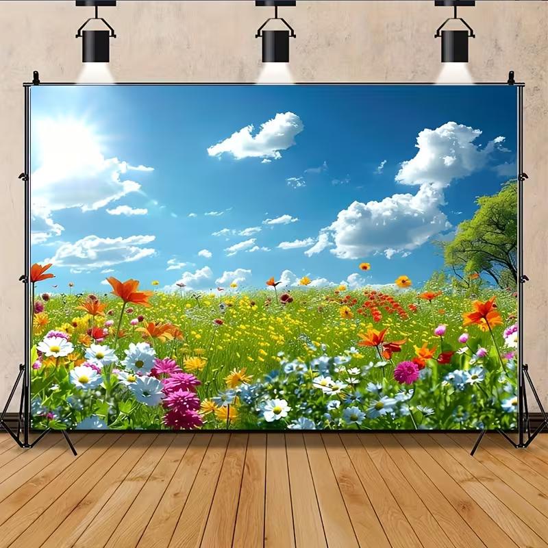 2D Spring Wildflower Meadow Tapestry, Bright Blue Sky & Sun Backdrop