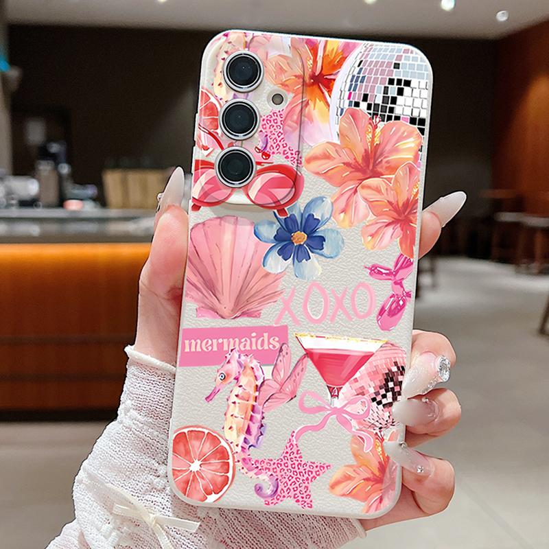 Pink Cartoon Pattern Floral Case For Samsung Galaxy A57 A56 A55 A54 5G A37 A36 A35 A34 A17 A16 A15 A14 Leather Texture Silicone Cover