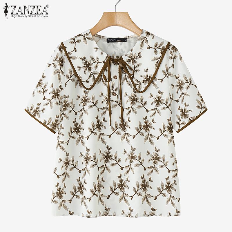 ZANZEA Womens Summer Loose Casual Short Sleeve Print Blouse