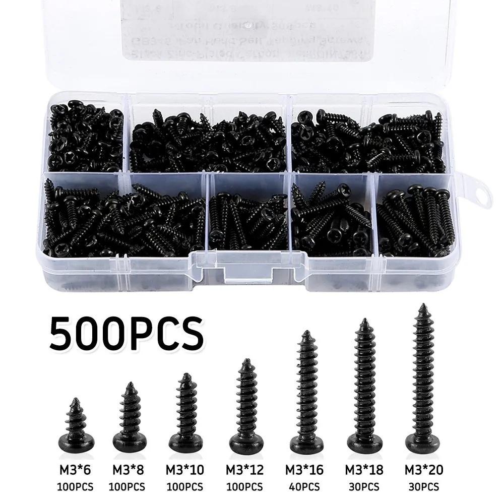 500pcs Portable Metal M3 Screw Kit Cross Head Round Head Self Tapping Screw Fastener Self Drilling Pan Head Screw Hardware