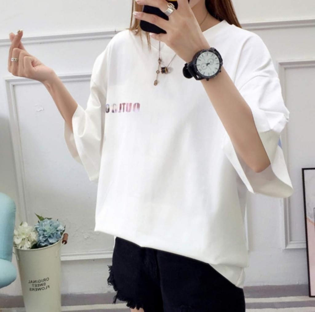 loose short back for long long cut and quick white [Bubu Ohana] T-shirt, fitting, casual, sleeves, print, women, spring, summer, autumn, winter,