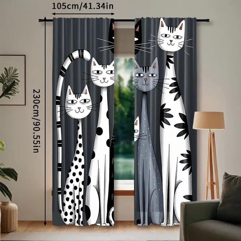 2 Pieces Of Whimsycat Modern Cat Print Printed Curtains, Pole Bag Curtains, Home Decoration, Room Decoration