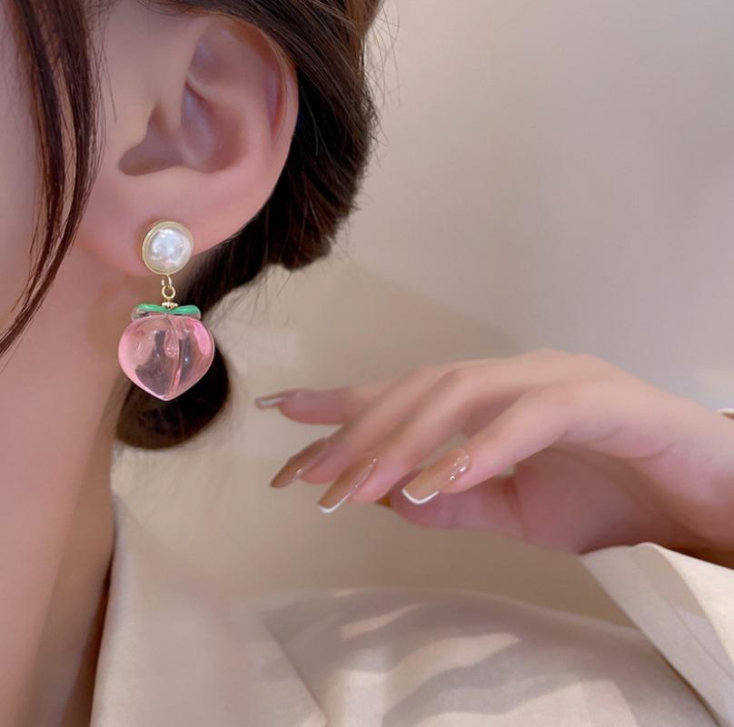 Summer Hot Korean Acrylic Trendy Pink Peach Drop Earrings for Women Girls Cute Sweet Jewelry Gift Fashion Fruit