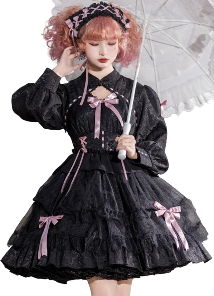 

Готическая Лолита с длинным рукавом мини-платье Косплей цельный с высокой талией черный [Lady Lazy] (Черный Розовый, S)