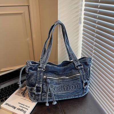 Large Capacity Commuter Tote Bag Women's Denim Shoulder Crossbody Bag