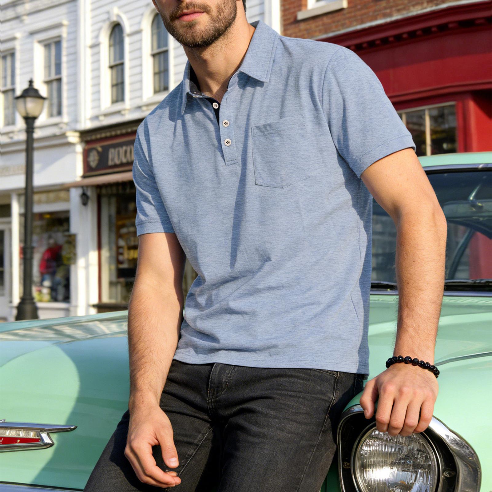 Men s Short Sleeve Lap Button V-Neck Casual T-Shirt With Pocket XL