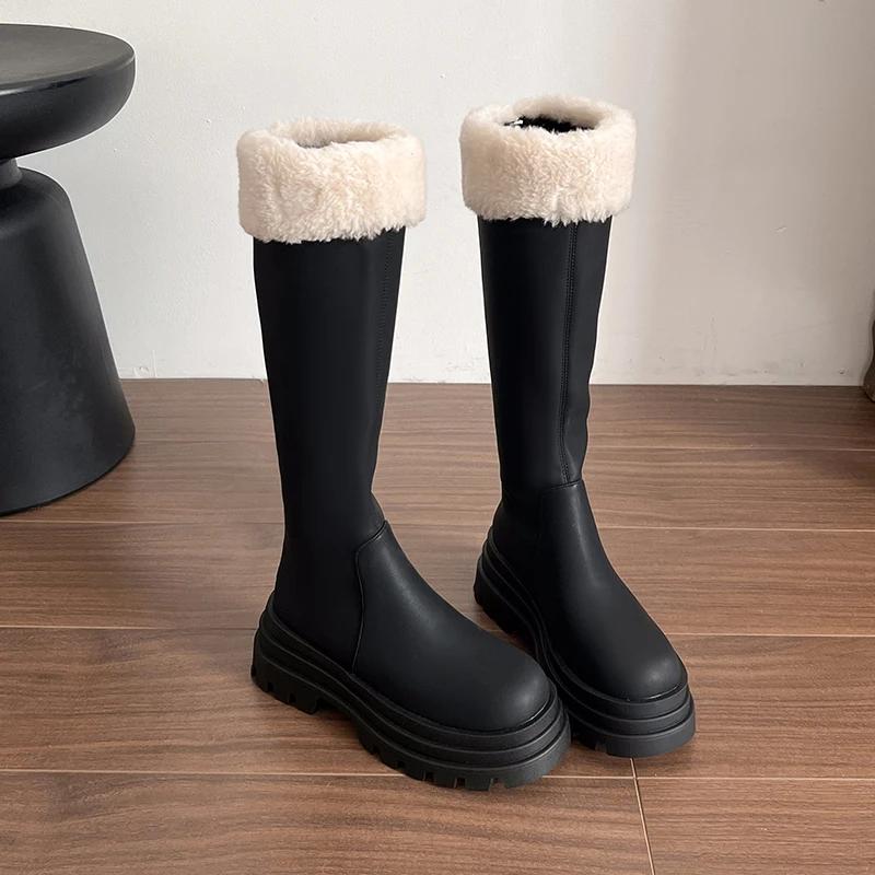 Zimní Teplé Plyšové Dámské Rytířské Dlouhé Boty Módní Platforma Kozačky po Koleno Stručné Hranaté Podpatky Boty