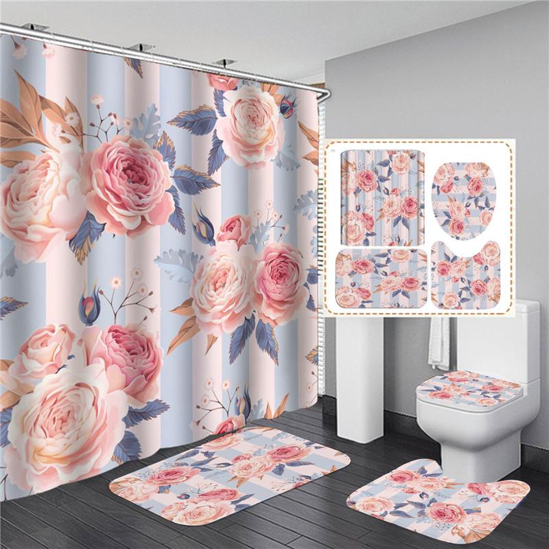 Pink Flowers Rose Elegant Printed Shower Curtain Set Waterproof Women Bathing Bathroom Pedestal Rug Lid Carpet Cortina Ducha
