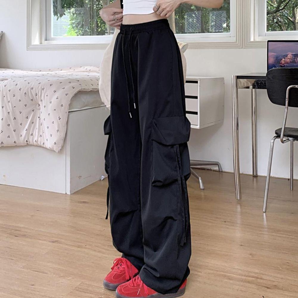 Drawstring Wide Leg Sweatpants Multi-pockets Women Joggers Trousers Baggy Cargo Pants  Sports
