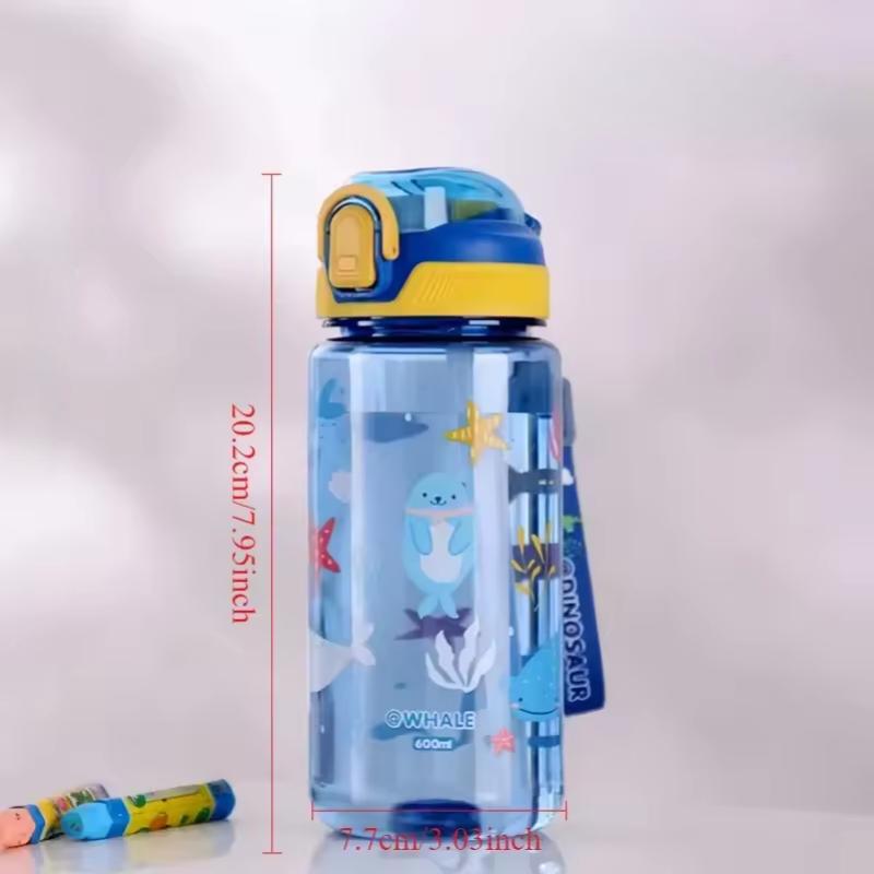 600ml Cute Water Bottle with Silicone Straw Leakproof Dinosaur Rabbit Design Portable Outdoor Sports Drinkware for School Travel