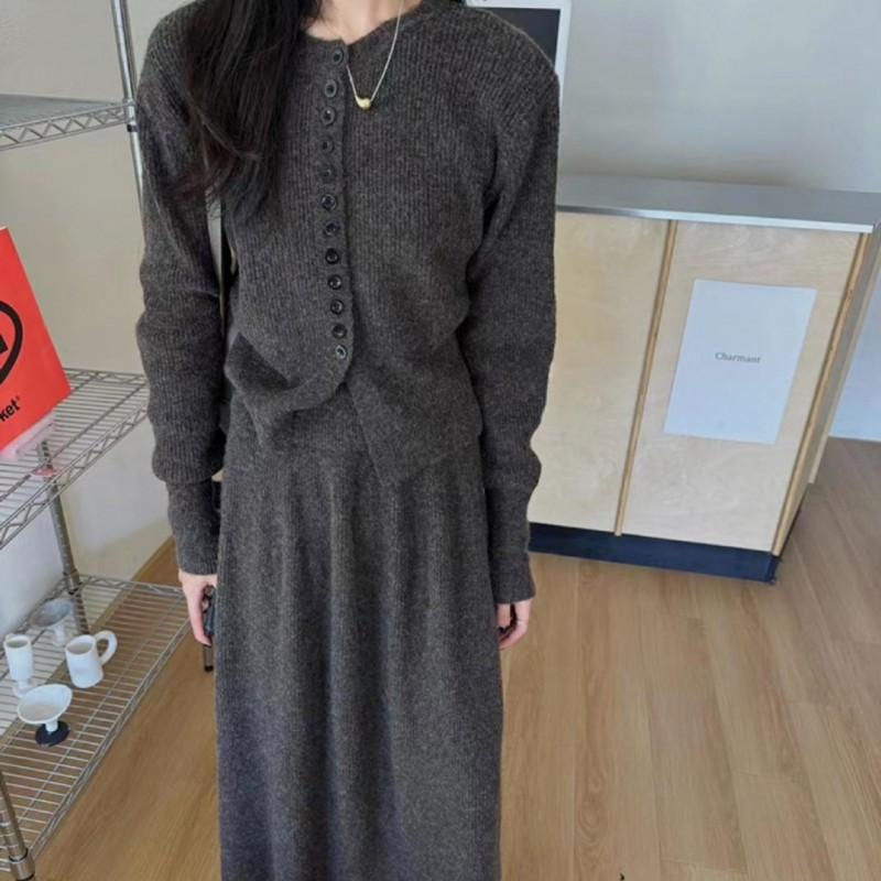 Womens Winter Solid Color Slim Fit Knit Cardigan High Waist Midi Skirt Set Elegant Casual Two Piece Outfit