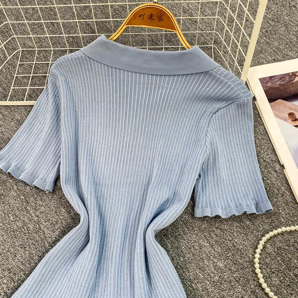 Summer Women Polo Collar Short Sleeve Sequined Flower Knitted Sweater Pullover Tops For Student Girls