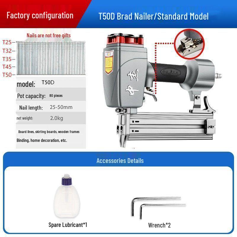 Pneumatic Brad Nailer F30T50, T64 Steel & Staple Nail Gun for Ceiling and Woodworking.