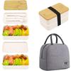 Mikrowellengeeigneter japanischer Lebensmittelbehälter, geräumige doppelstöckige Kunststoff-Bento-Lunchbox mit Besteck und Bambusdeckel