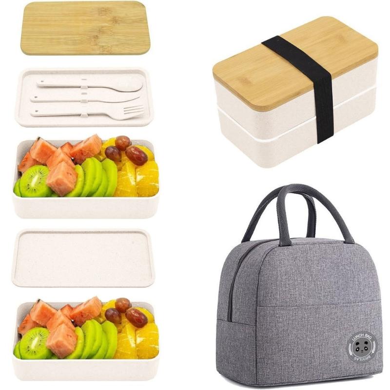 Mikrowellengeeigneter japanischer Lebensmittelbehälter, geräumige doppelstöckige Kunststoff-Bento-Lunchbox mit Besteck und Bambusdeckel