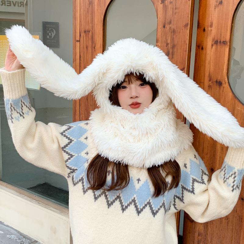 

Осень и зима Шапка-шарф кролика Бонни с интегрированной защитой ушей, теплая велюровая женская лыжная шапка-пуловер one size fits all белый