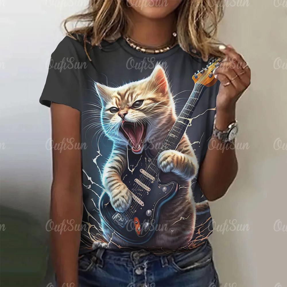 New Summer Women 3D Cool Rock Cat Printing T-Shirt Fashion Trend Tops Tees Ladies Casual Short Sleeve Clothing Y2K Streetwear
