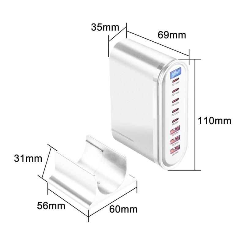600W 8 Port Fast Charging Adapter with LED Display Desktop Fast Charging Station Adapter for Laptop Phone Tablet