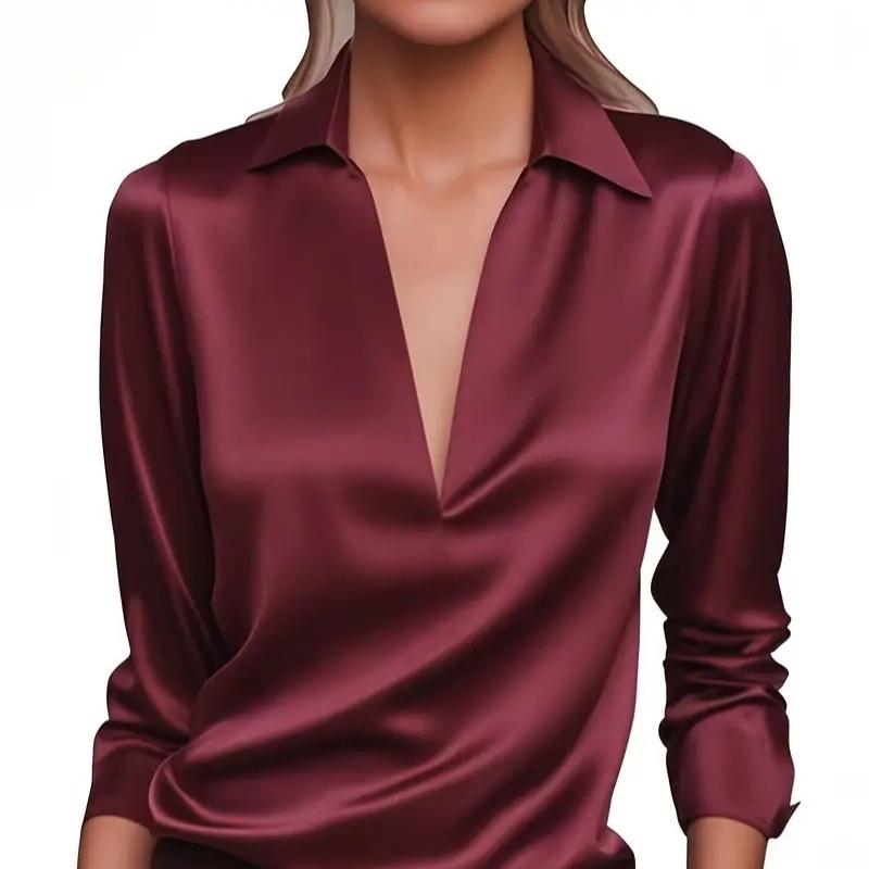 Women'S Silver Satin V-Neck Stylish Shirt
