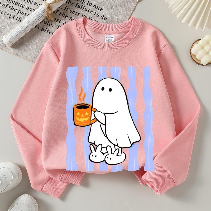 Kids Crewneck Sweatshirt, Fun "Pumpkin Mug" Pattern,Daily Casual Top for Spring & Autumn