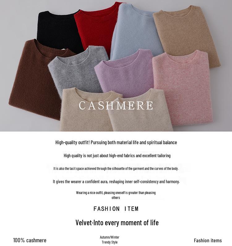 Pure Cashmere Women's Loose Pullover Sweater - Round Neck, Solid Color, Warm Knitwear for Autumn/Winter