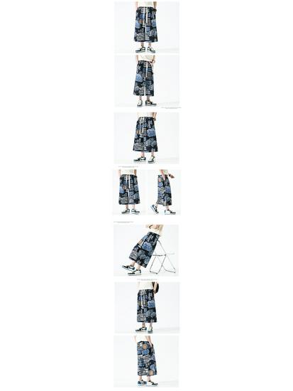 2022 Men's Summer Chinese Print Cotton Linen Capri Pants, Plus Size, Casual Wide Leg Style