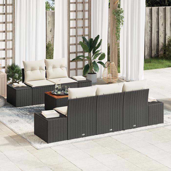VidaXL Ensemble de 6 Canapés de Jardin avec Coussins Noir Poly Rattan Acacia 3347894